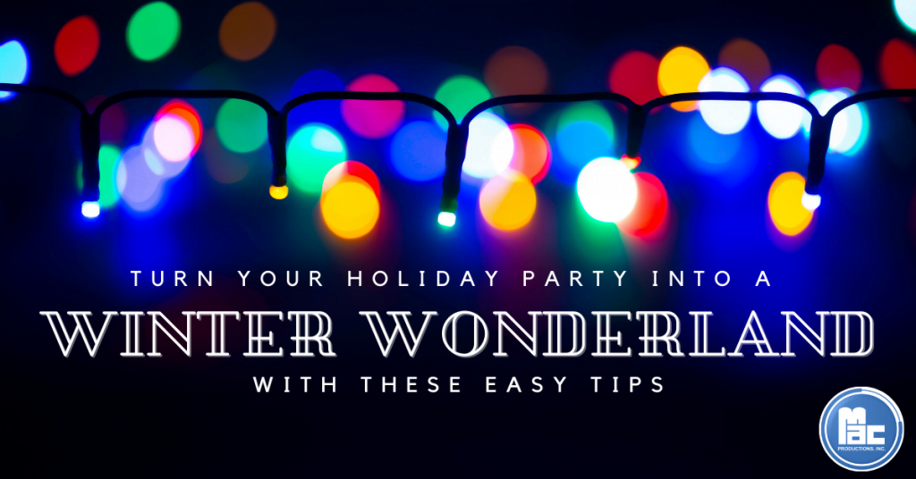 A blurred image of Christmas lights with the caption "turn your holiday party into a winter wonderland with these easy tips"